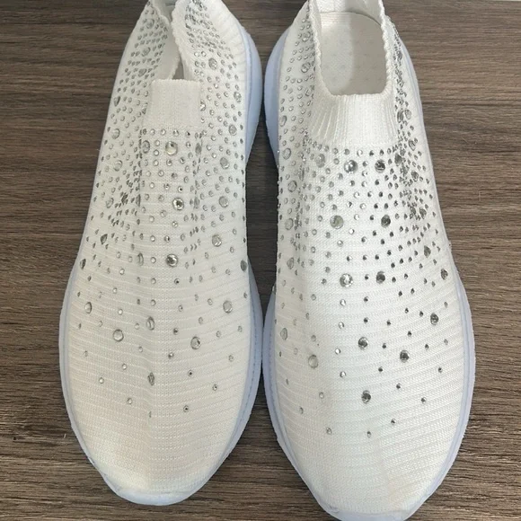 FASHION REHINESTONED FLAT PLATFORM SLIP ON KNITTED CASUAL OUT DOOR WHITE SNEAKER - Picture 7 of 8